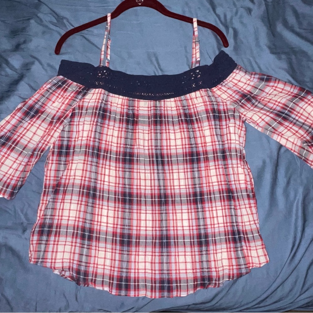 A. Byer Women's Off The Shoulder Red and White and Blue plaid